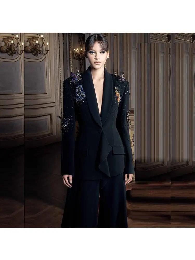 

2025 Spring Fashion Three-Dimensional Butterfly Beaded Diamond Elegant Suit And Pants Trousers Sets For Women 2 Pieces