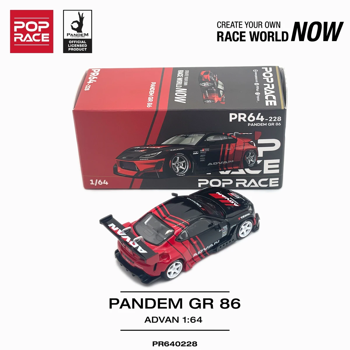 In Stock Ready To Ship Pop Race PR640228 1:64 Pandem Toyota GR86 Advan Black Red Widebody Open Hood JDM Diecast Model Car view 6
