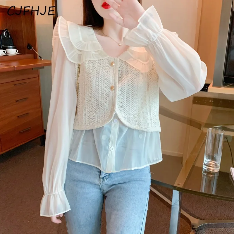 CJFHJE French Women's Sweet Doll Collar Shirt Spring Korean Fashion Classic Women Patchwork Chiffon Long Sleeved Short Shirt Top