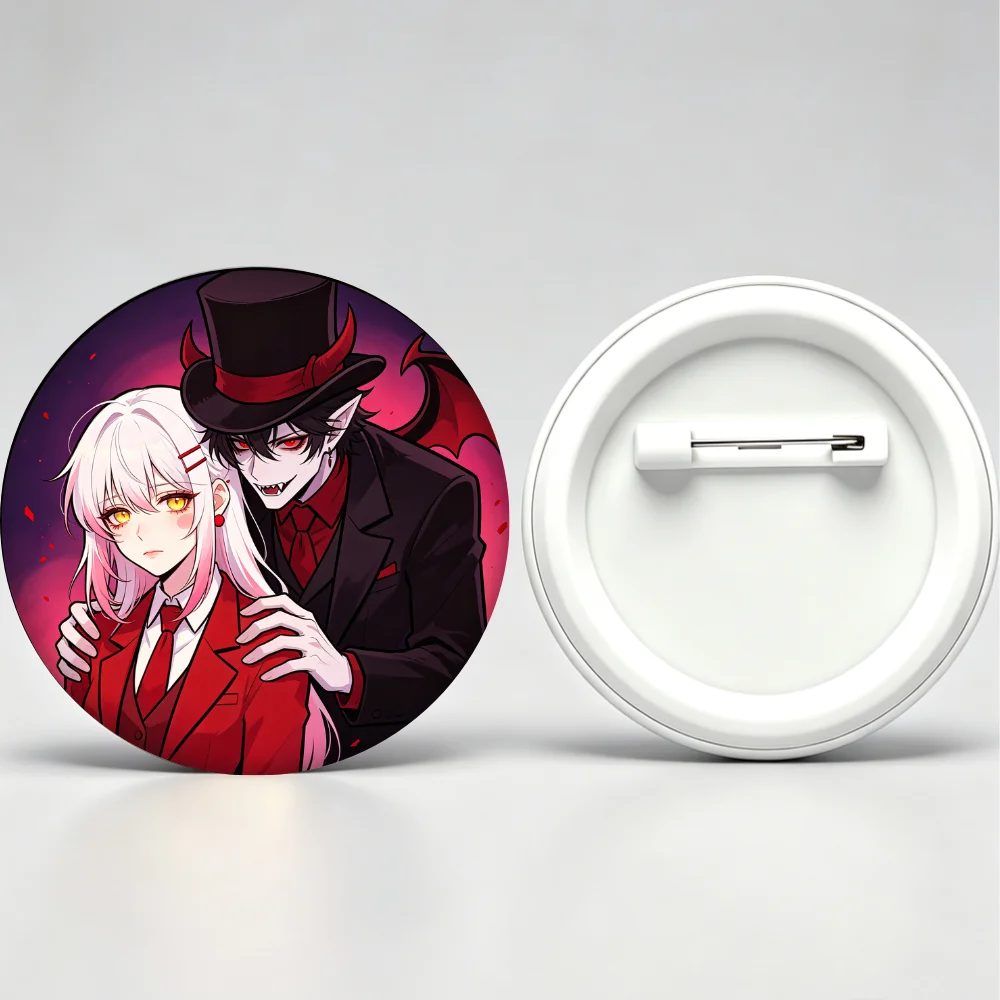 Anime Vampire Demon Couple Round Tin Button Pin Badge, Character Brooch for Clothing Bag Decor