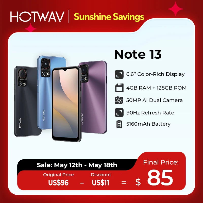 

[World Premiere] HOTWAV Note 13 Smartphone 6.6'' HD+ 90Hz Android 13 8GB+128GB Octa-Core Mobile Phone 50MP 5160mAh Cellphone
