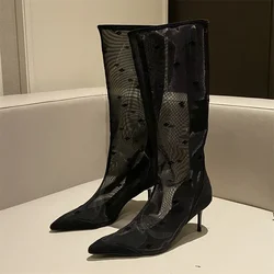 Eilyken Sexy Mesh Women Knee-High Boots Thin Heels Pointed toe Fashion Zipper Sandals Shoes Zapatillas De Muje