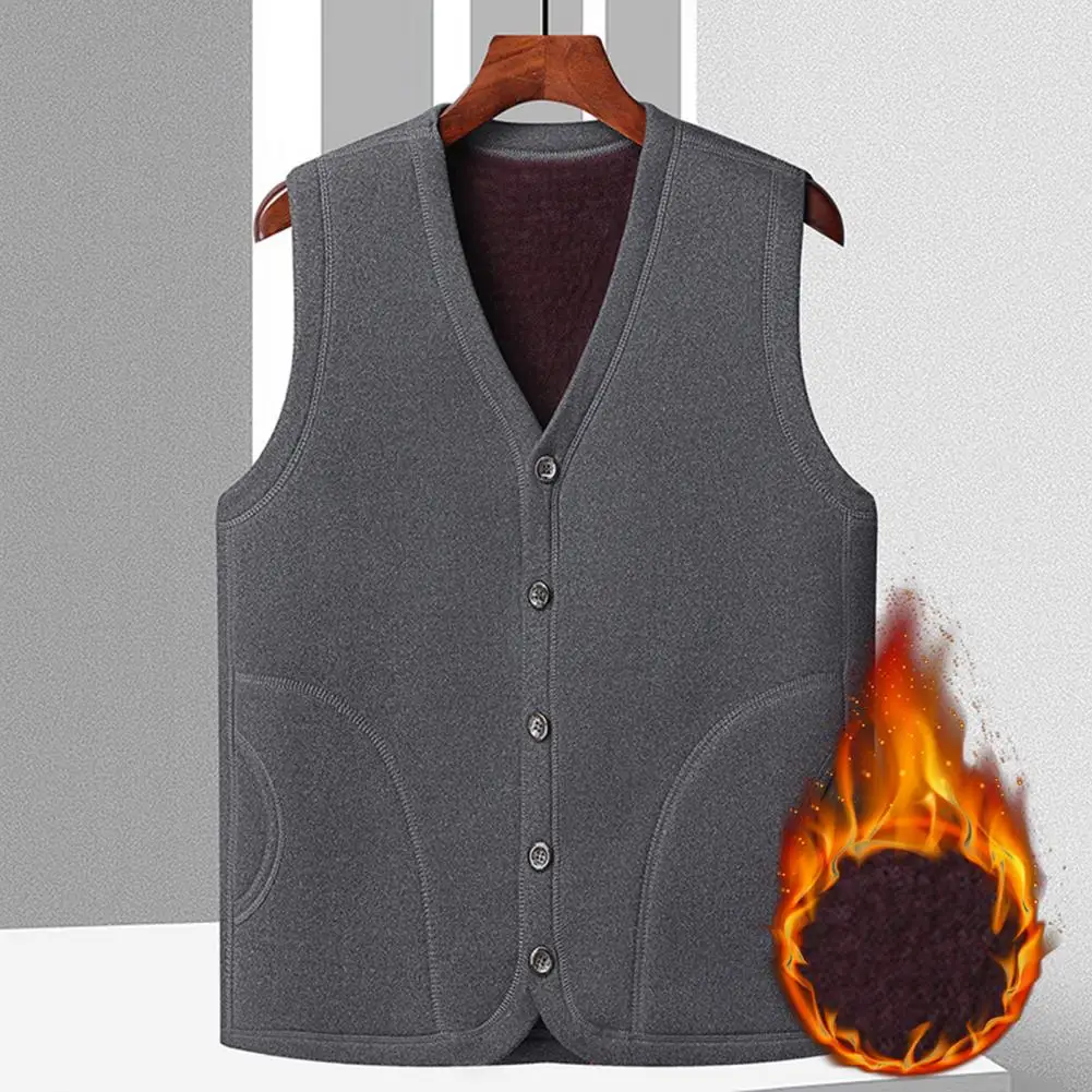 Winter Vest for Men Men's Single-breasted V Neck Plush Vest with Pockets Casual Cold Resistant Sleeveless Cardigan for Fall