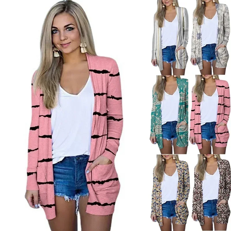 Pop 2025 Women's New Spring Autumn Cardigan Casual Jacket Striped Floral Print Multiple Styles Available Coats Women's Clothing