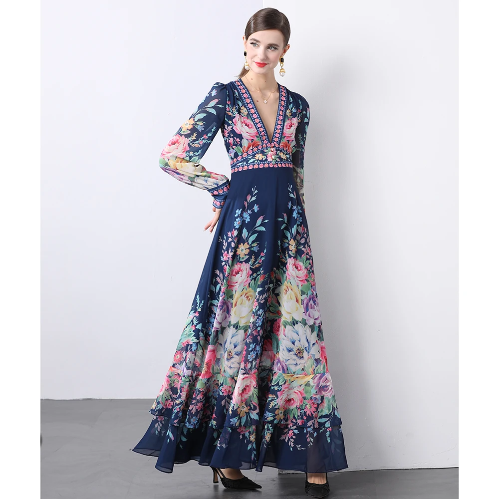 Autumn Flower Print Holiday Long Dress Elegant Women Sexy Deep V Neck High Waist Chiffon Lantern Sleeve Ball Gown Robe Clothes