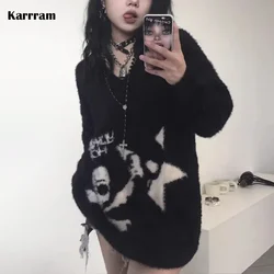 Karrram Gothic Skulls Sweater Grunge Dark Aesthetics Knitted Jumper V-neck Harajuku Loose Mohair Pullover Emo Alt Knitwear Y2k