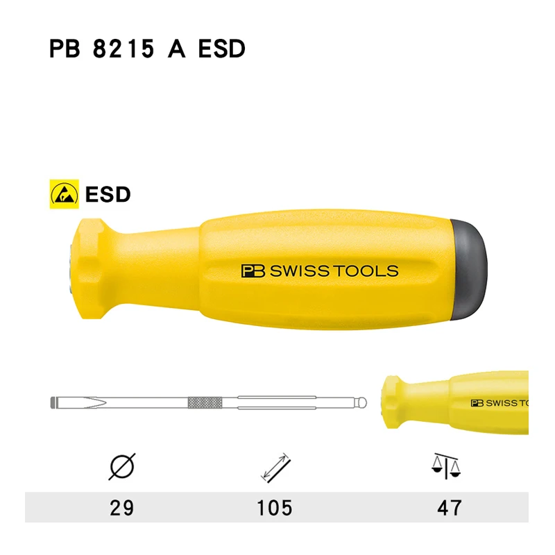 PB SWISS TOOLS ESD Screwdriver Handle for PB 215 Bits 105mm Screw Driver Bit Holder PB 8215 A ESD