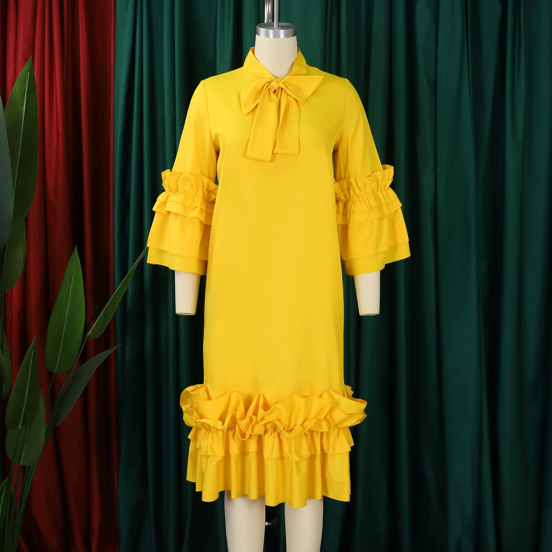 2025 New Luxury Ruffled Dress for Women Spring Summer Flared Sleeve Dresses Yellow Plus Szie Outits Vintage Streetwear Fashion