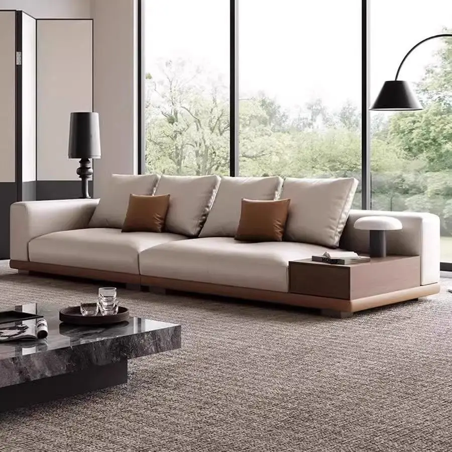 First layer leather sofa, solid wood simple Italian style, modern minimalist light luxury, straight row sofa 3