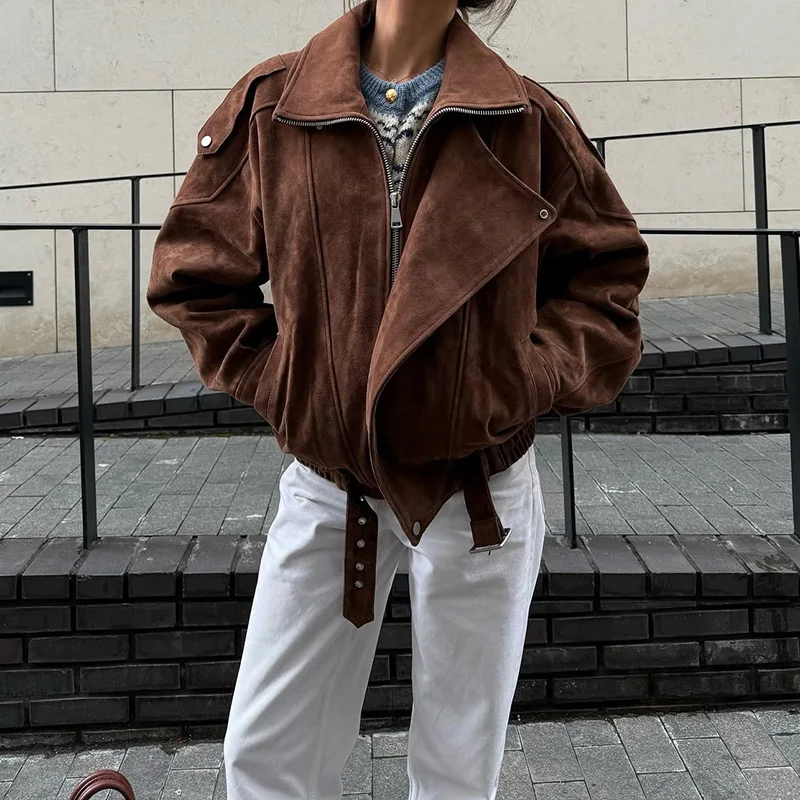 Vintage-Jacke aus massivem Kunstwildleder mit Reißverschluss für Damen, modisch, elastische Taille, Taschen, Reverskragen, locker geschnittener Mantel, Damen-Alltags-Street-Outfit. – Detail 30