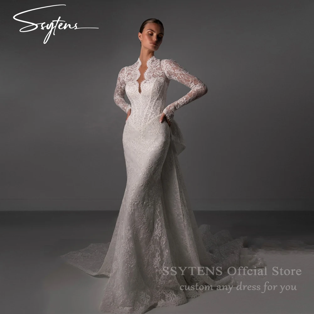 SSYTENS Abiti da sposa in pizzo di lusso maniche lunghe scollo a V abito da sposa staccabile fiocco treno guaina abiti da sposa a sirena personalizzati