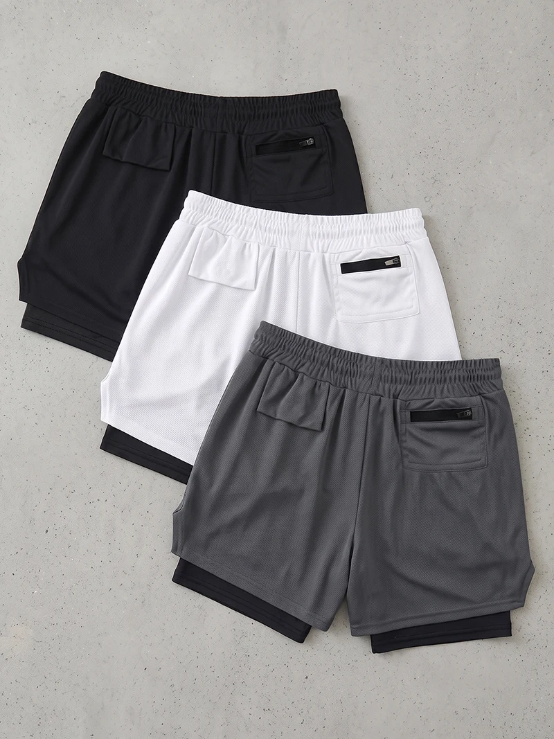 3 Piece Set Men's Gym Performance Shorts, Summer Workout Running 2 in 1 Shorts with Phone Pocket Towel Loop Zipper Pocket