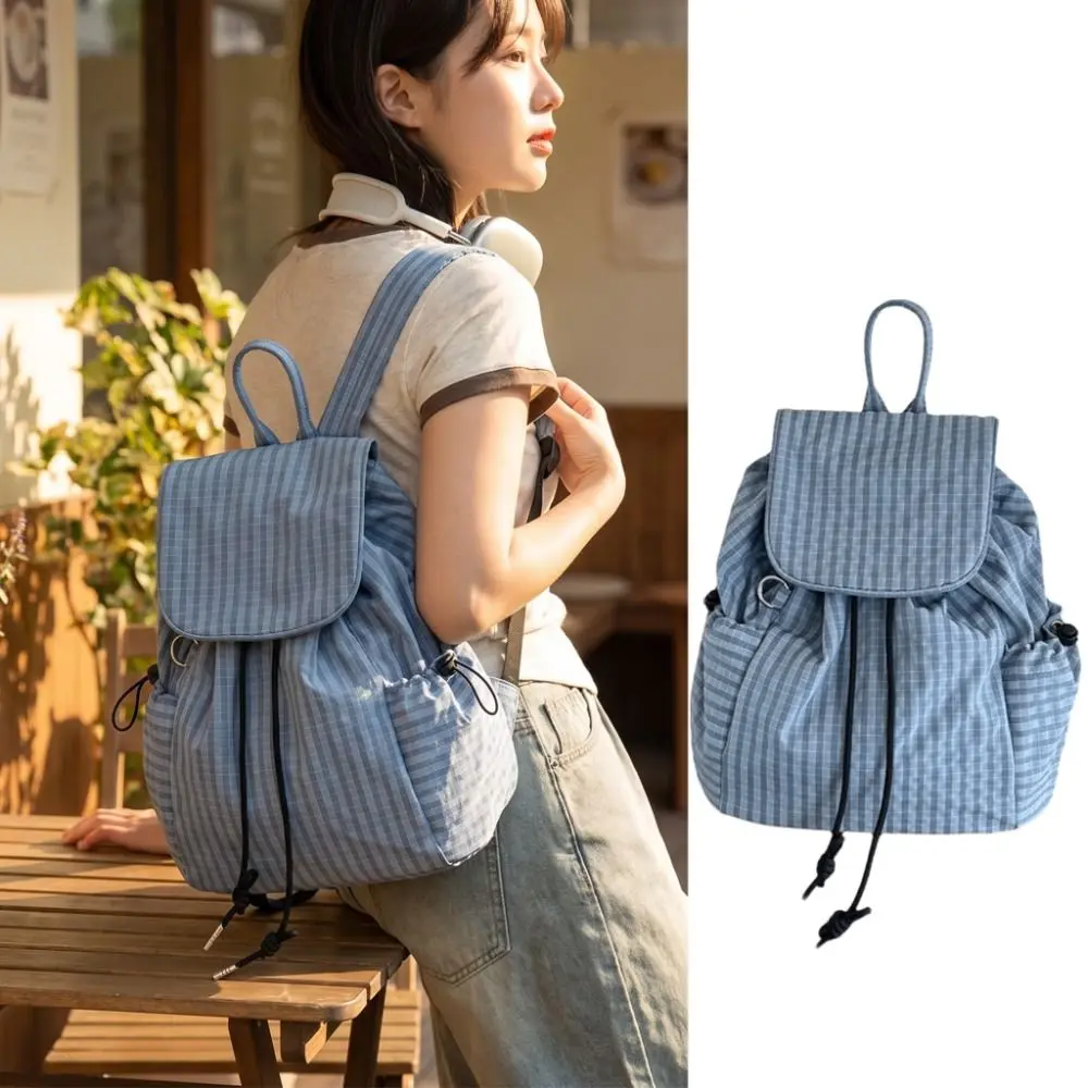 Solid Color Drawstring Backpacks Canvas Korean Ruched Shoulder Bags Light Weight Large Capacity Plaid Nylon Backpacks Teenagers