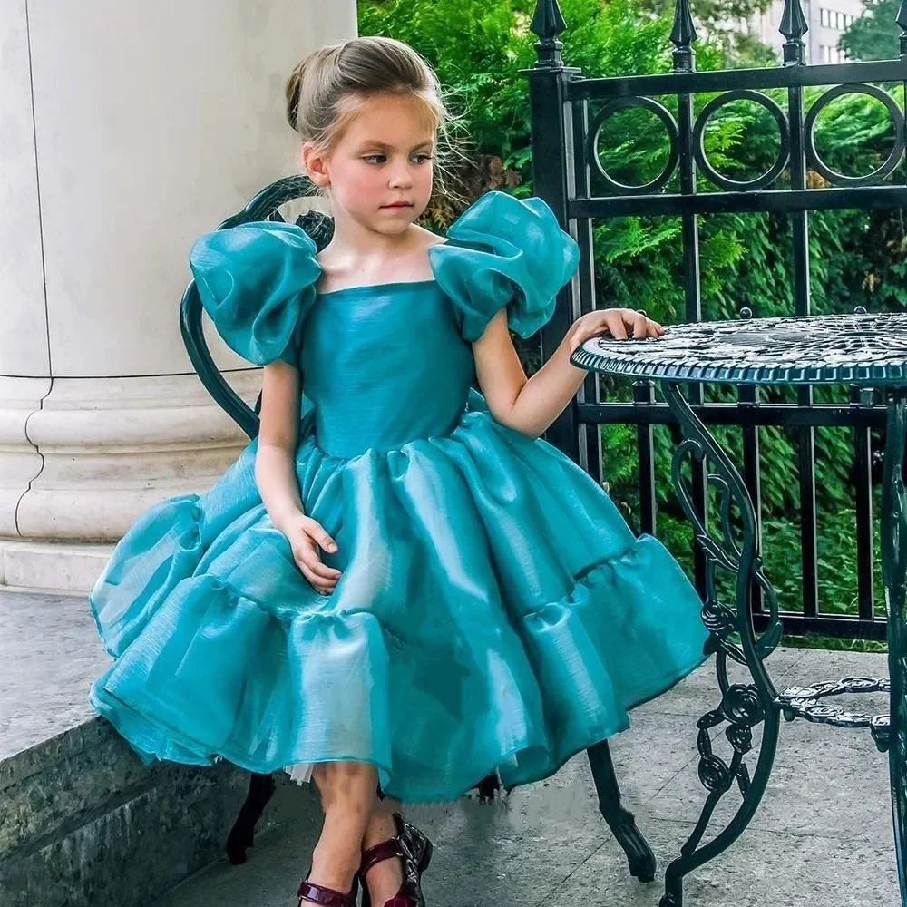 Green Tulle Puffy Flower Girl Dress For Wedding Short Sleeve Elegant Princess Kids Birthday Party First Communion Ball Gowns