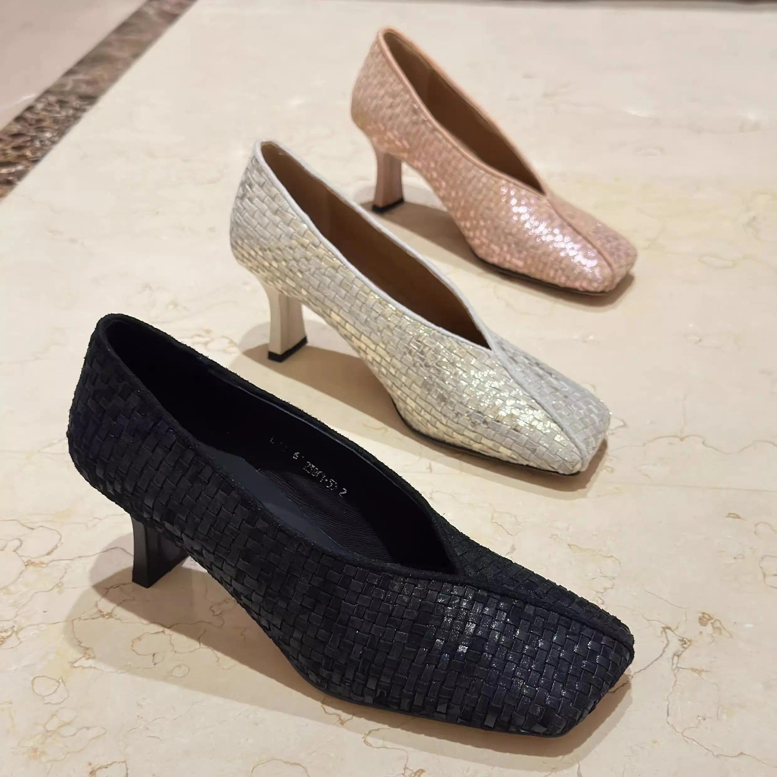 

Women Weave Square Toe Pumps Shallow Luxury Designer Slip-On High Heels Elegant Outdoor Dress Shoes