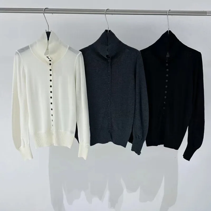 [oein] 2024  Autumn Women Autumn Minimalist Wool Stand Up Collar Lazy Knit Cardigan