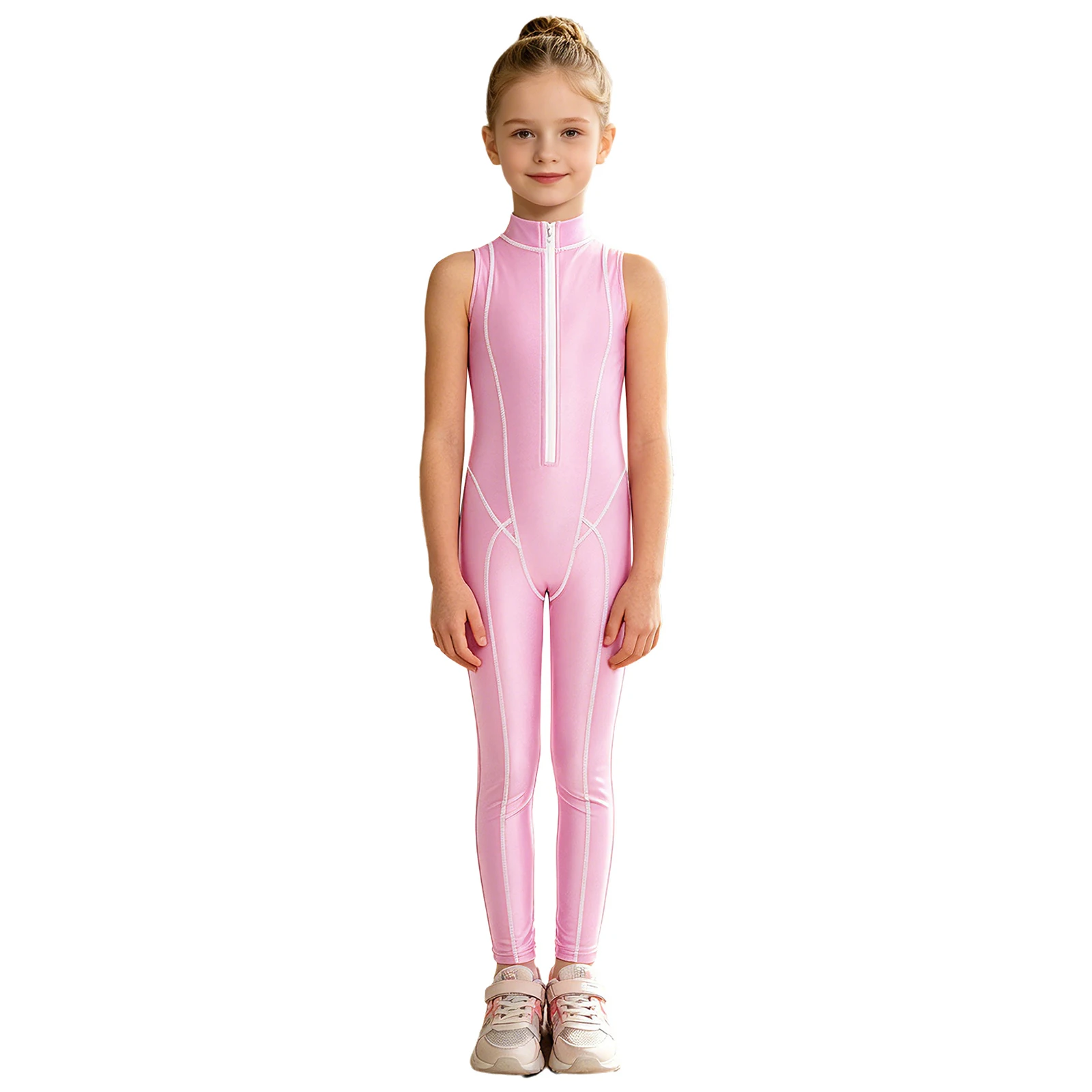 

Kids Girls Contrasting Trim Glossy Unitard Sleeveless Stand Jumpsuit Ankle Length Bodysuit Gymnastics Training Sports Costume