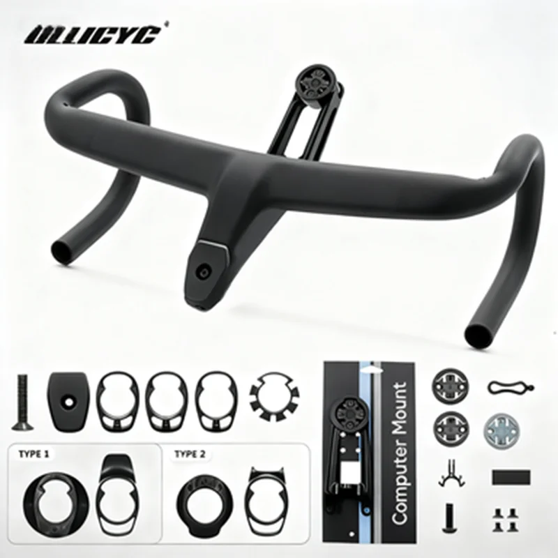 No Logo Integrated Full Carbon Fiber Black Road Handlebar  Light Weight 381g Bicycle Accessories Includes Computer Mount