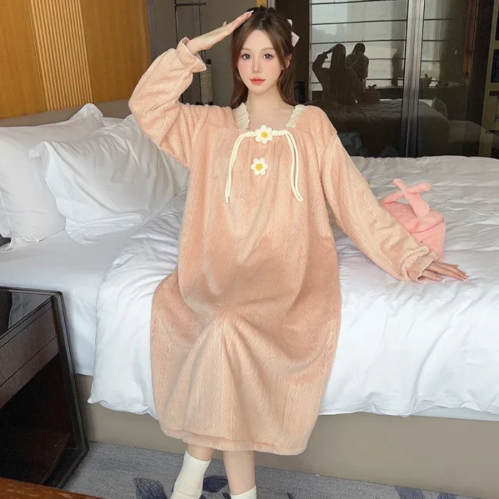 5XL Plus Size Winter Warm Nightgown Women Long Sleeve Thick Flannel Loose Nightdress Female Coral Velvet Sweet Home Sleepwear