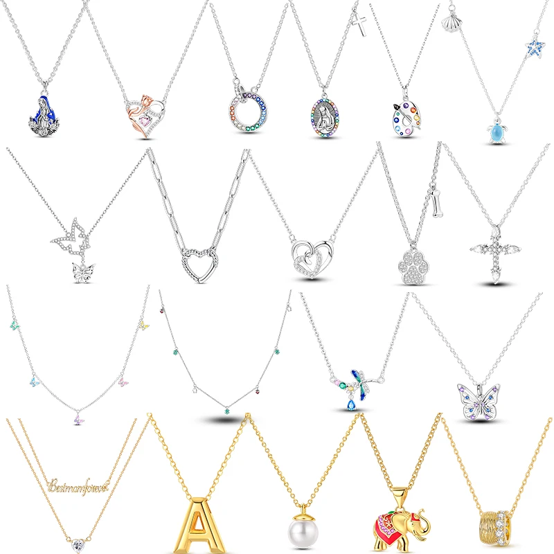 

Love Heart Necklace 925 Silver Original Gold Color Letter A Cross 45cm Link Chain For Women Birthday Wedding Jewelry Gift