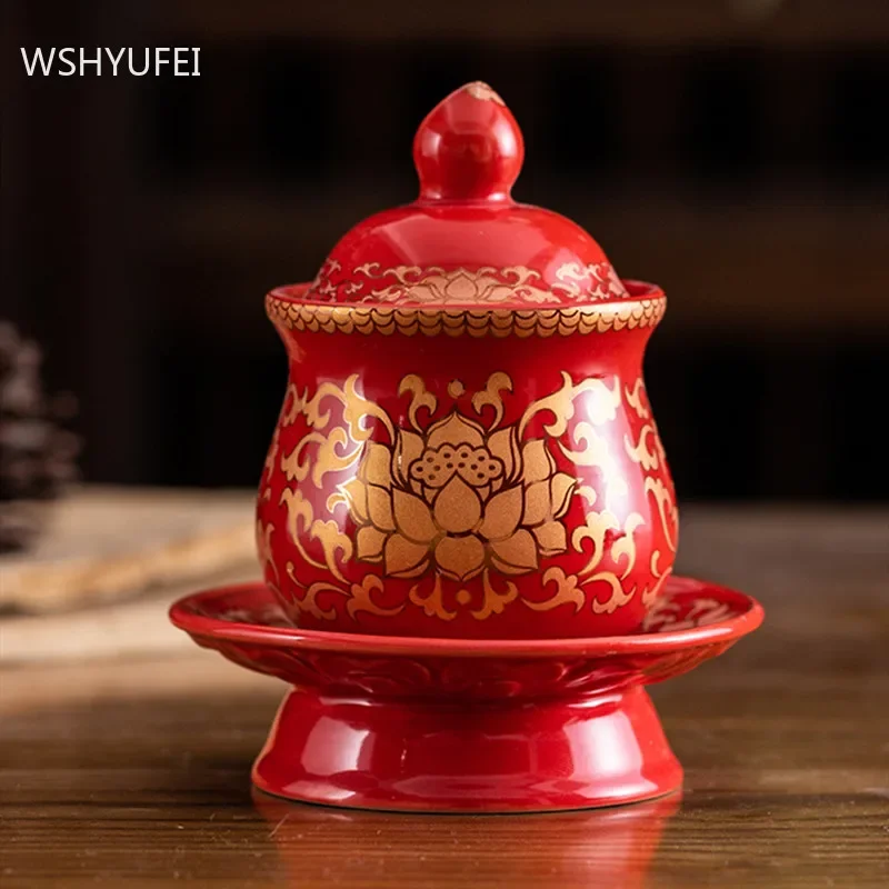 

1 pc Chinese Style Holy Water Cup Ceramics God of Wealth Serving Mugs Worship Buddha Lotus Offering Cups Buddhist Supplies