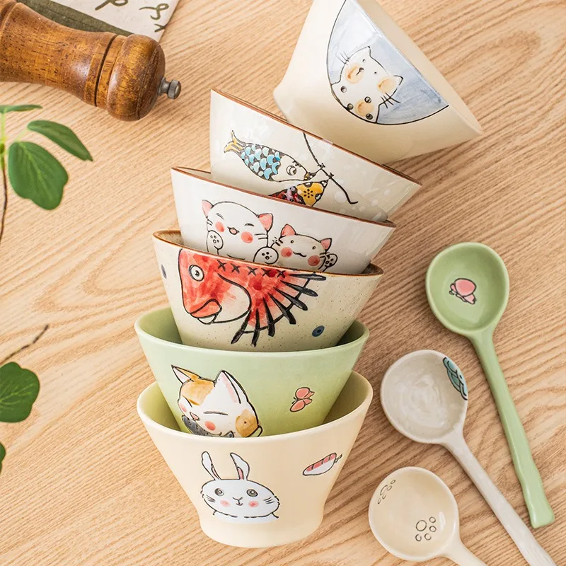 Japanese 350ml Cartoon Cat Ceramic Instant Rice Noodle Bowl hand-painted Soup Salad Bowl Dumpling Dinnerware Kitchen Tableware