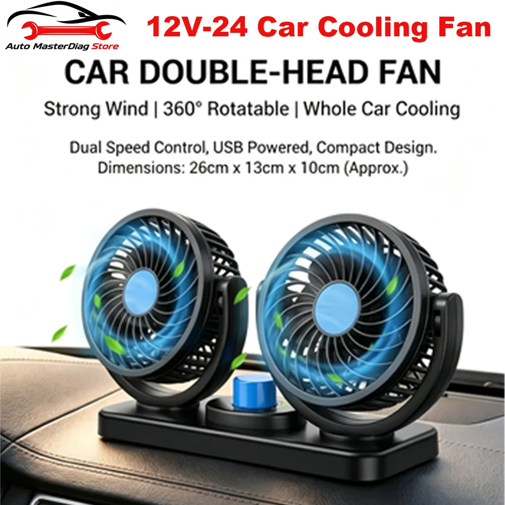 Car Fan 360° Adjustable 2 Head Air Fan Automotive Electric Fan USB/12V/24V Fan 2 Speeds Car Silent Fan For Home Desk Office&Car