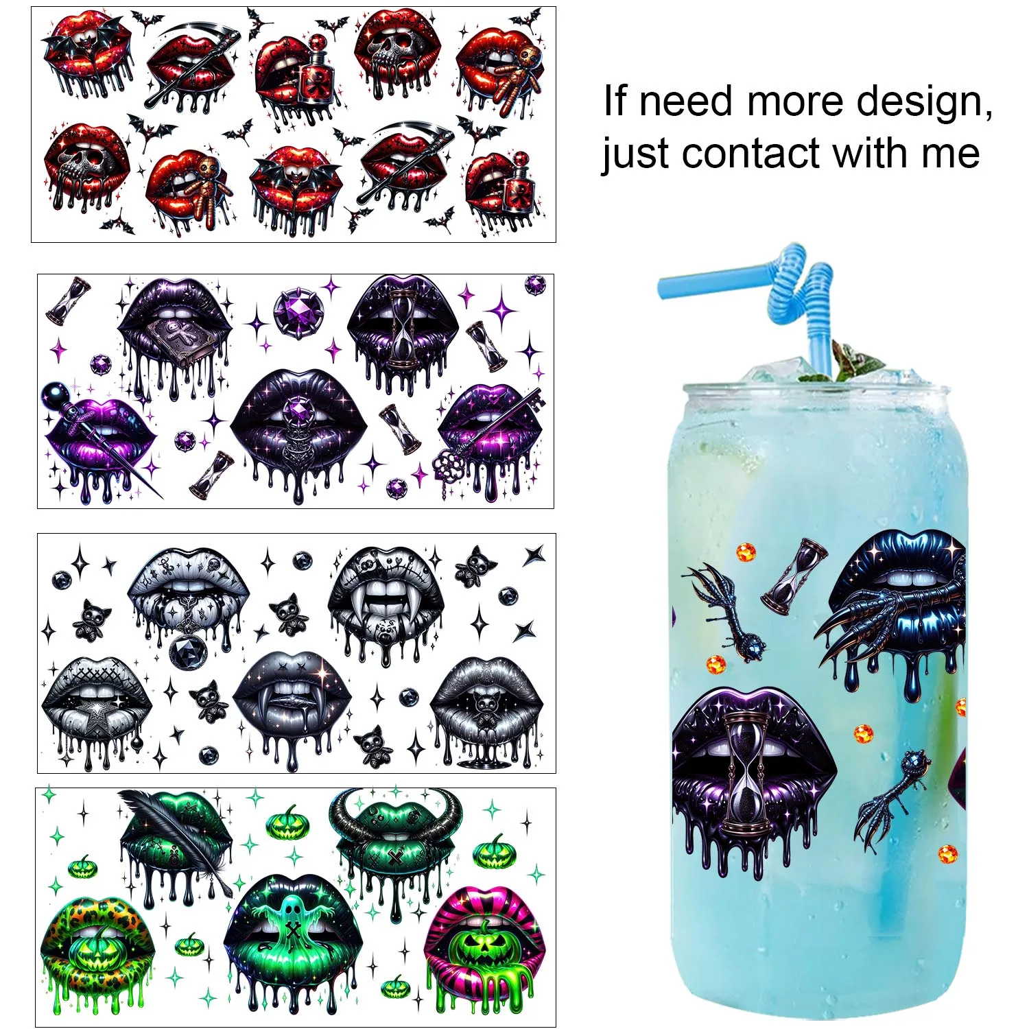 Halloween Vibe lips16oz UV DTF waterproof DIY Decals Retro Beauty 3D transfers uvdtf crystal sticker 16oz uv dtf cup wraps