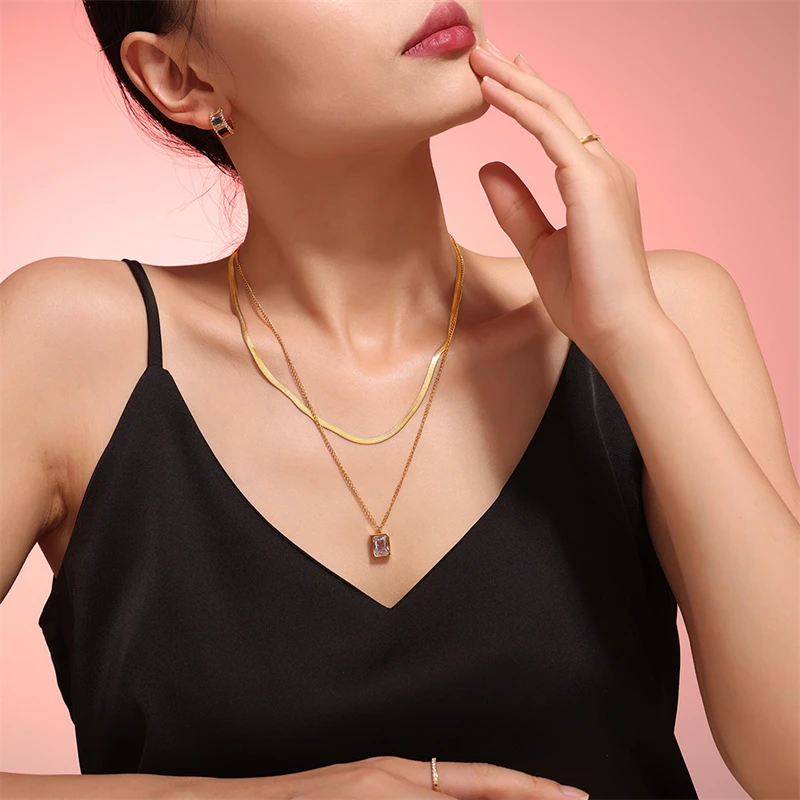 316L Stainless Steel New Fashion Fine Jewelry 2 Layer Geometry Embedded Zircon Charms Chain Choker Necklaces & Pendant For Women