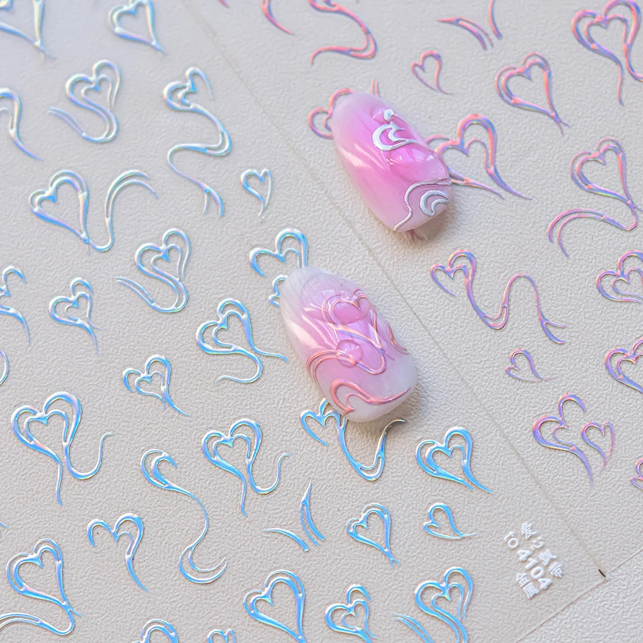 Laser Love Heart Ribbon Line Pink Gold Silver Purple Red Blue Embossed Reliefs Self Adhesive Nail Art Sticker 3D Manicure Decals