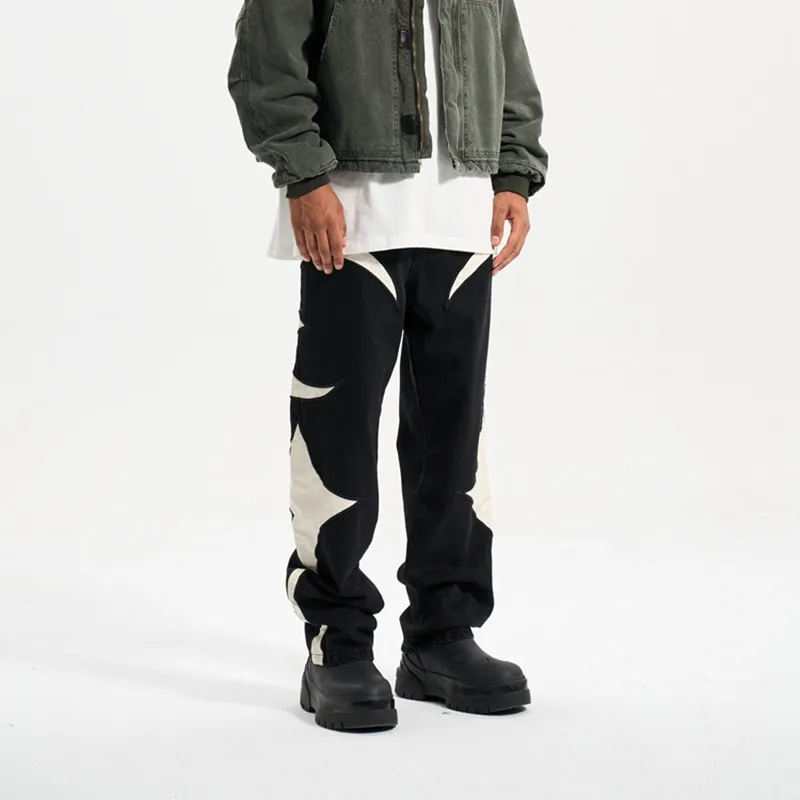 2026 Kanye Y2K PU-Leder Bestickte Baggy Stacked Jeans Hosen für Herren Kleidung Streetwear Damen Denim Hosen Pantalon Homme – Detail 15