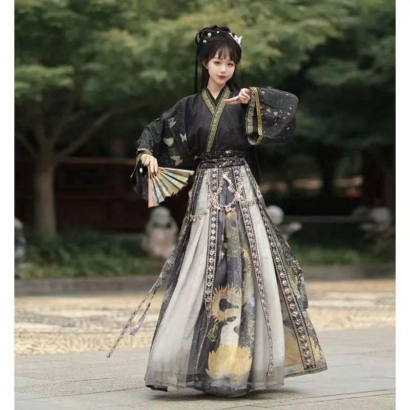 Weijin Period Women's Hanfu Dress Traditional Chinese Style Cross Collar Costume Vintage Pincess Dancer Cosplay Garments Autumn