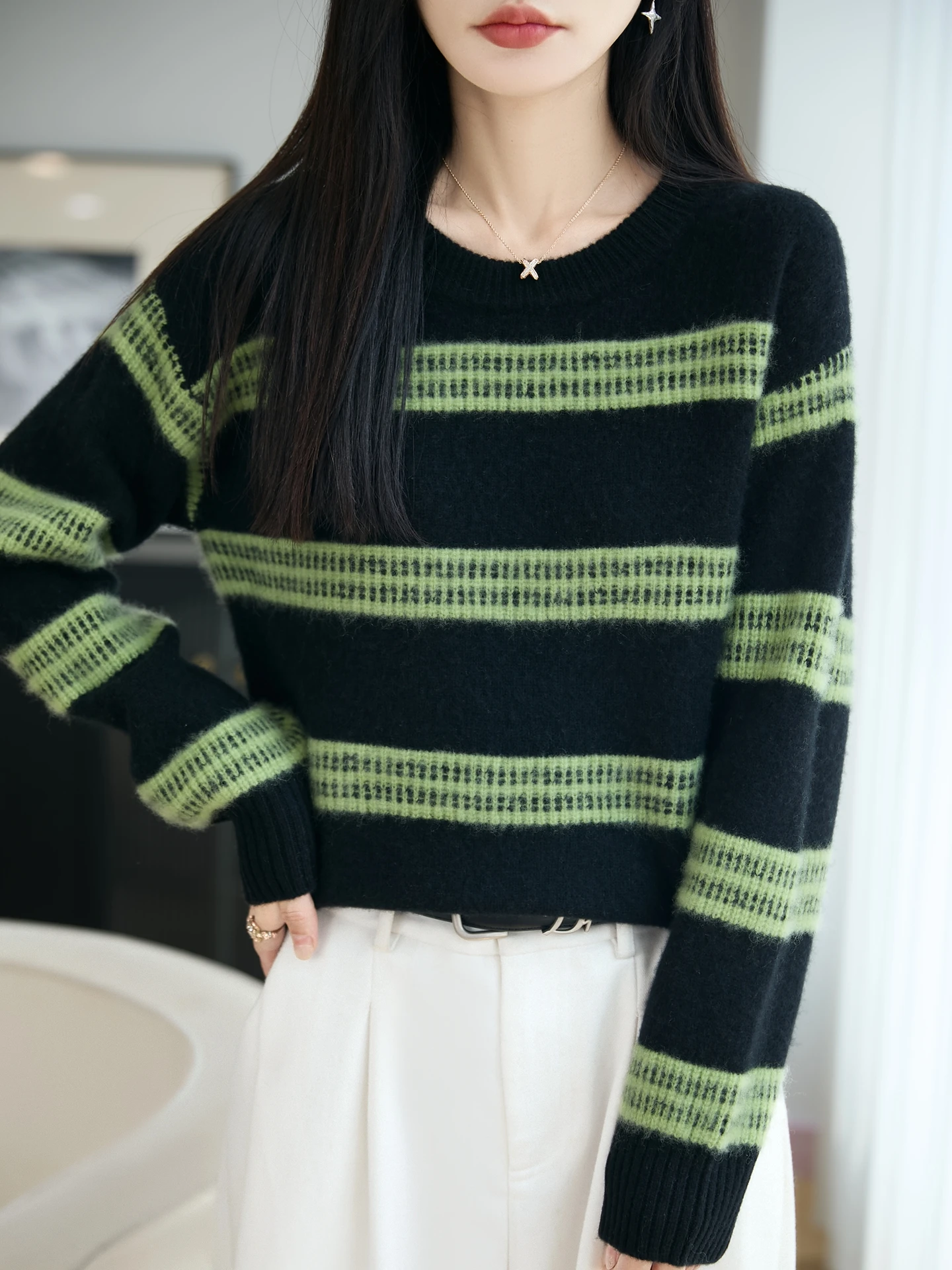 100% Merino Wool Women's Crew Neck Color-Block Striped Autumn/Winter Thickened Casual Fashion Cashmere Knit Sweater Base