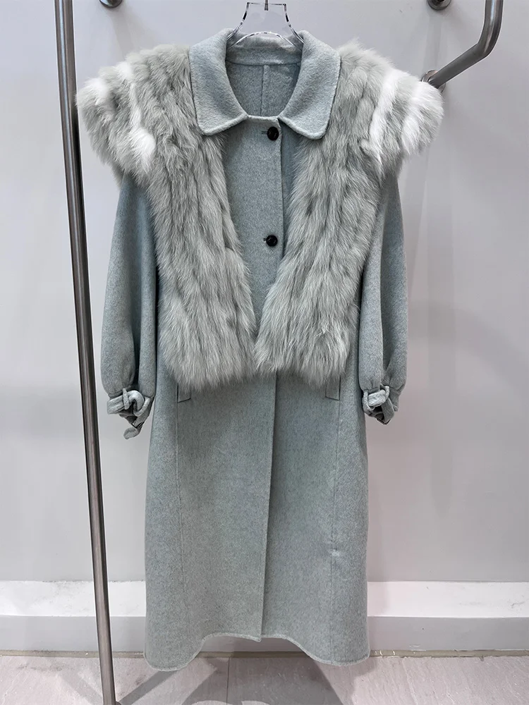 2025 nouvelle mode femmes hiver fourrure de renard naturelle col bleu marine longue laine manteau de laine vêtements d'extérieur pour femmes veste de rue