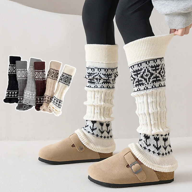 Autumu Girls Leg Warmers Vintage Geometric Pattern Thick Warm Crochet Boot Cuffs Retro Leg Covers for Girls Daily Wear