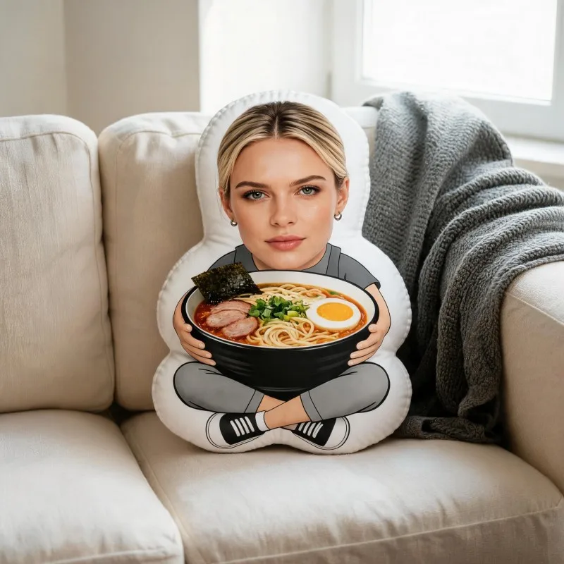 Custom Personalized Photo Face Shaped Pillow, Woman Holding Ramen Bowl Custom Picture Decorative Cushion, Unique Home Decor Acce