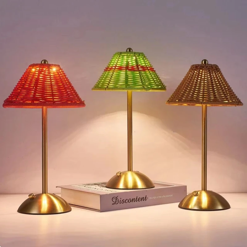 LED Rattan Rechargeable Desk Lamp Retro Atmosphere Lighting Southeast Asian Style Home Decor Living Room Bedroom Desktop Lamp