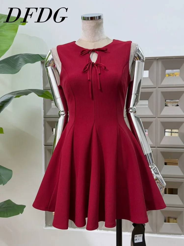 

DFDG Women 2026 Spring Summer Sleeveless Mini Dress Tie Neck Bow Detail Ruched Waist Flared Skirt Elegant Casual Party Dress