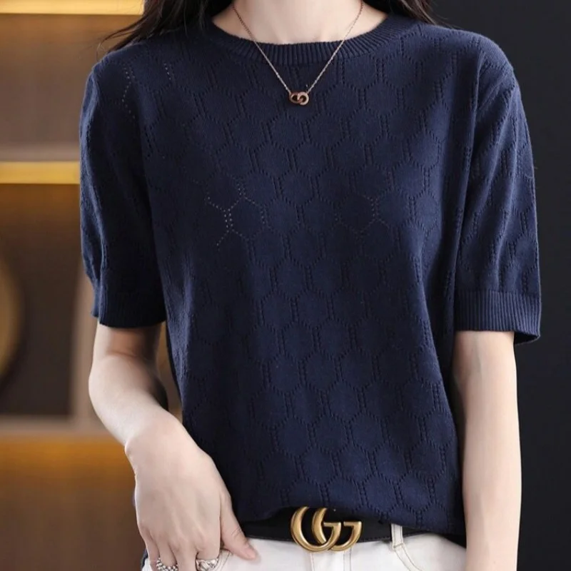 Commute All-match Solid Color Knitted T-shirt for Female Fashion Comfortable Round Neck Casual Pullovers Tops Women\'s Clothing