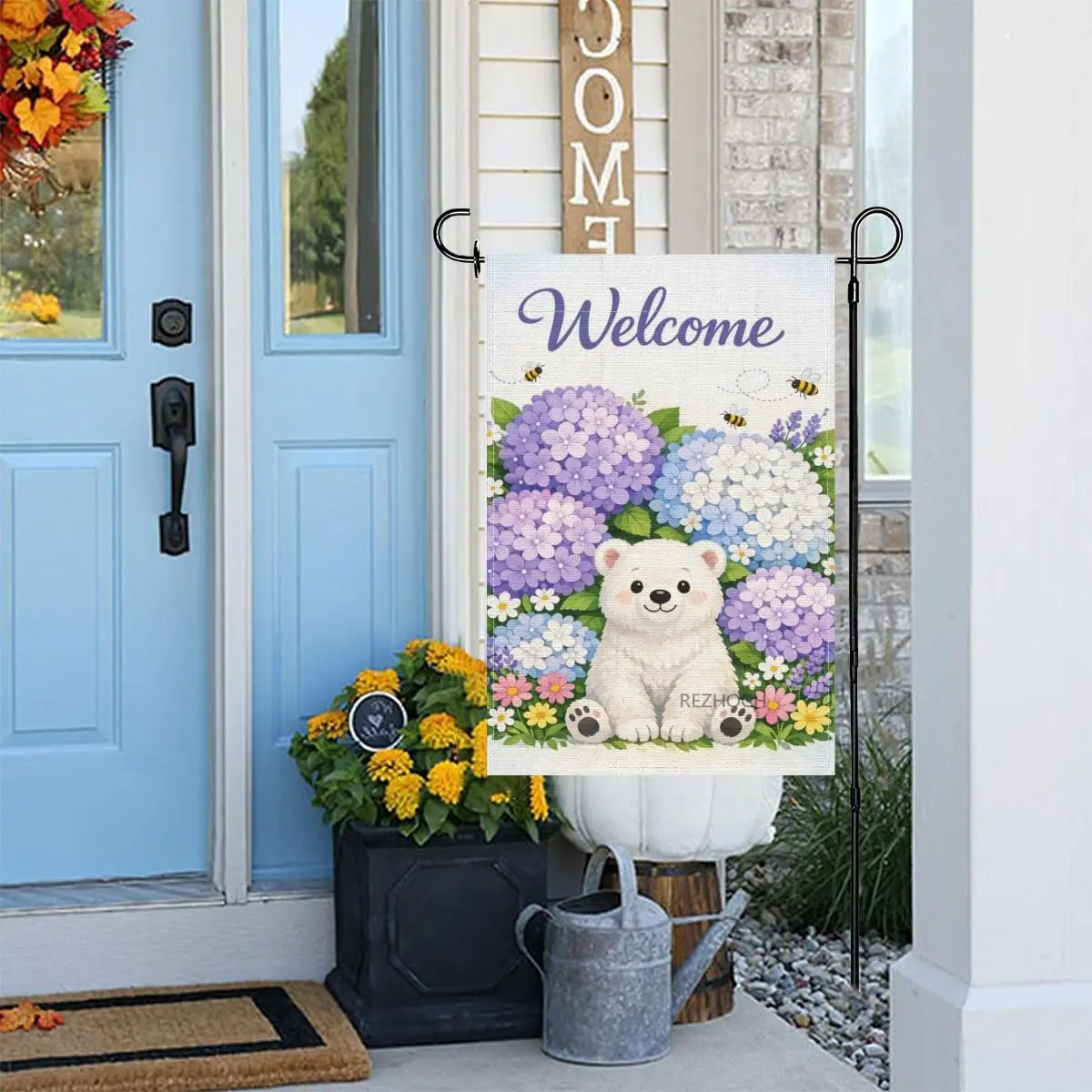 Welcome Garden Flag 12x18 Inch,Funny Polar Bear Outside Purple Hydrangea Floral Spring Summer Yard Flag,Cute Animal Double S ZZM