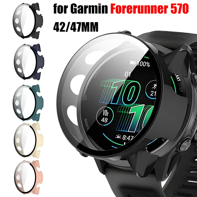 PC-Gehäuse + Glas für Garmin Forerunner 570 42 mm 47 mm, harte Stoßstange, integriertes Ultra-HD-Schutzhülle aus gehärtetem Glas, Zubehör