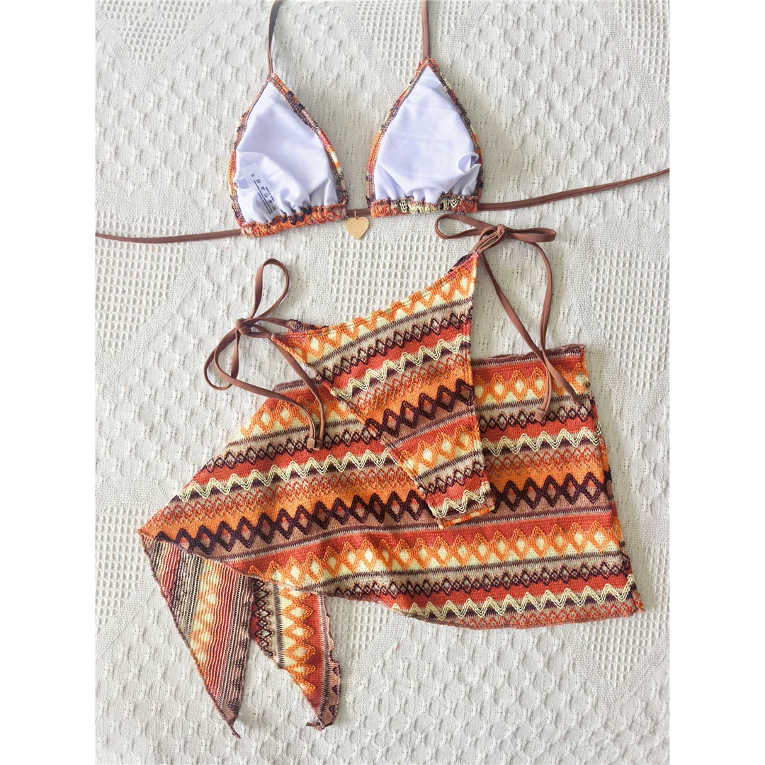 S - XL Bedruckter Bikini mit Sarong-Oberteil, Damen-Badeanzug, dreiteiliges Bikini-Set, Badebekleidung, Badeanzug, Modell V8059 – Detail 6