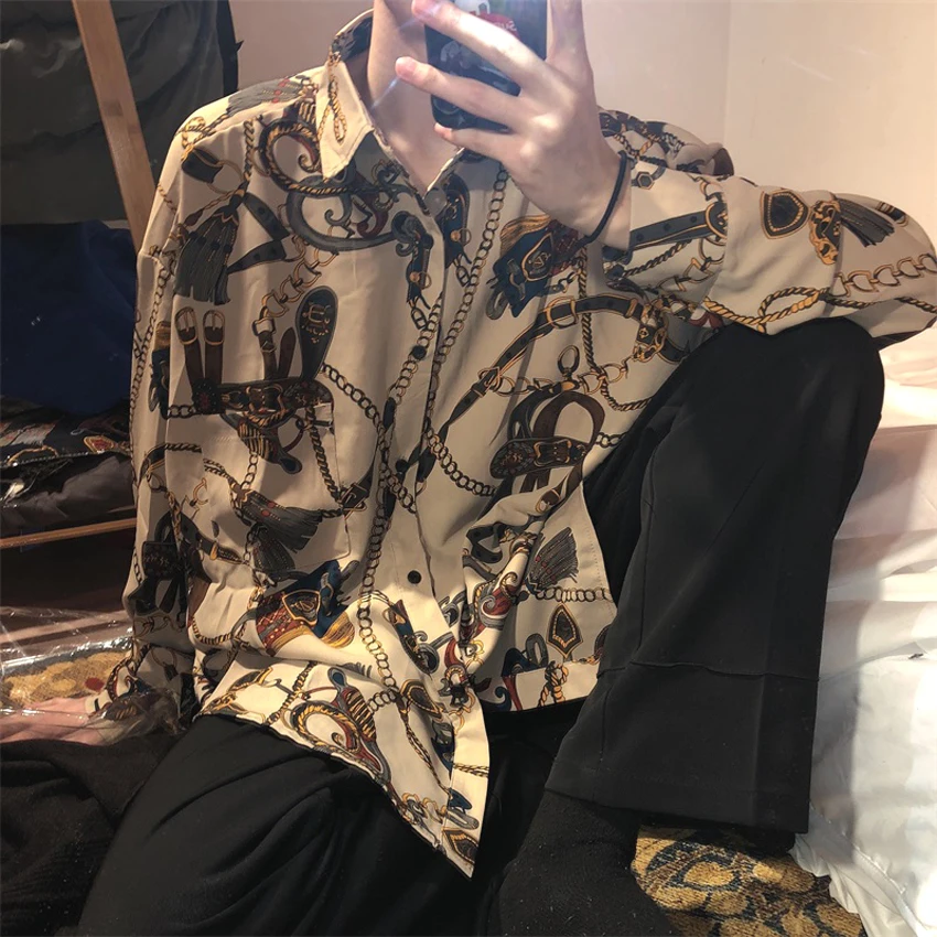 

Hong Kong Style Men's Loose Long Sleeve Shirt Retro Print Chain Slim Fit Summer Fashion Casual Outerwear Youth Popular Camouf...