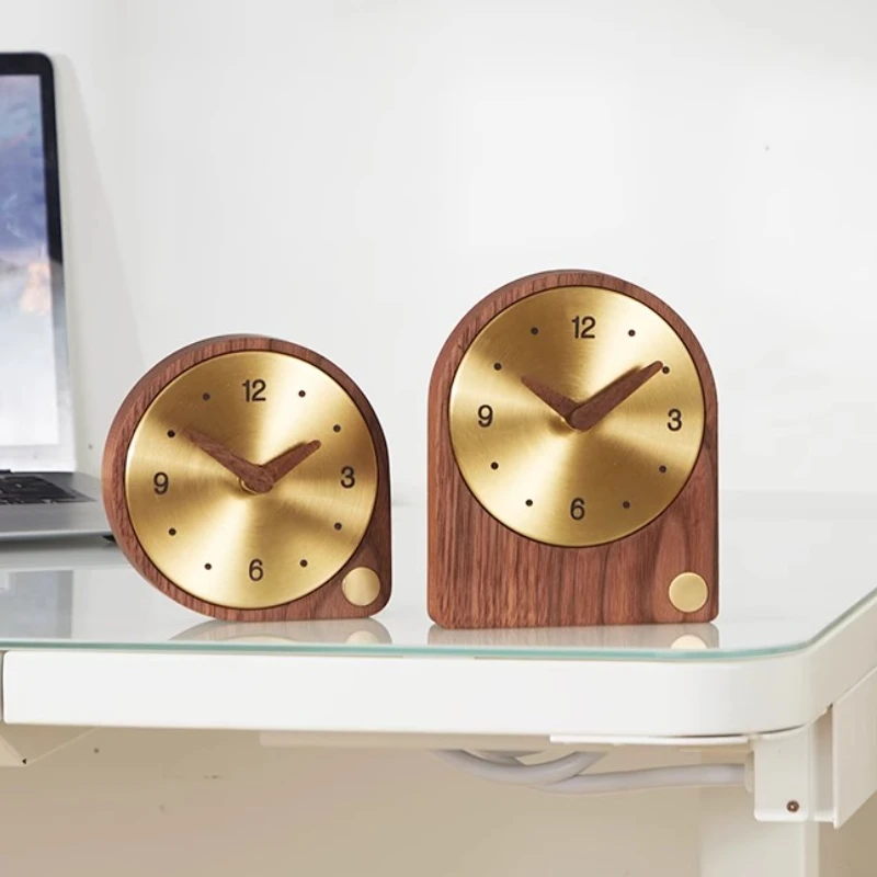 

Brass Bedside Table Clock Solid Wood Office Desktop Decor Nightstand Silent Clock for Bedroom Decor & Minimalist Home Ornaments