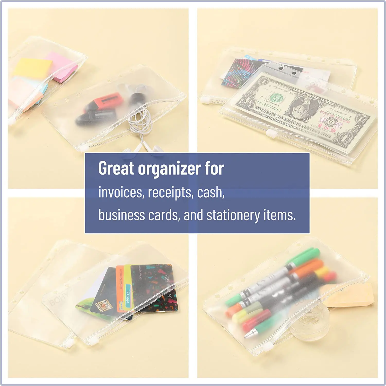 6 Pack Clear Zipper Pouches for A5 A6 A7 Binders - 6 Holes Binder Inserts Cash Envelopes - Document Protection Pouches