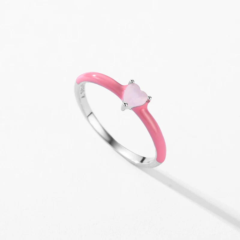 Modian 925 Sterling Silver New Design Pink Enamel Ring Trendy Heart Opal Stackable Jewelry For Women Party Fine Jewelry Gift