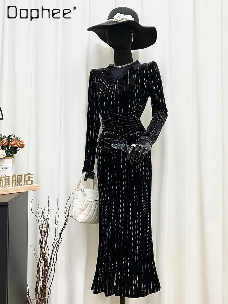 

Hepburn Style Black Heavy Industry Hot Diamond Velvet Long V-neck Dress Elegant Temperament Celebrity Slim Long Dress for Women