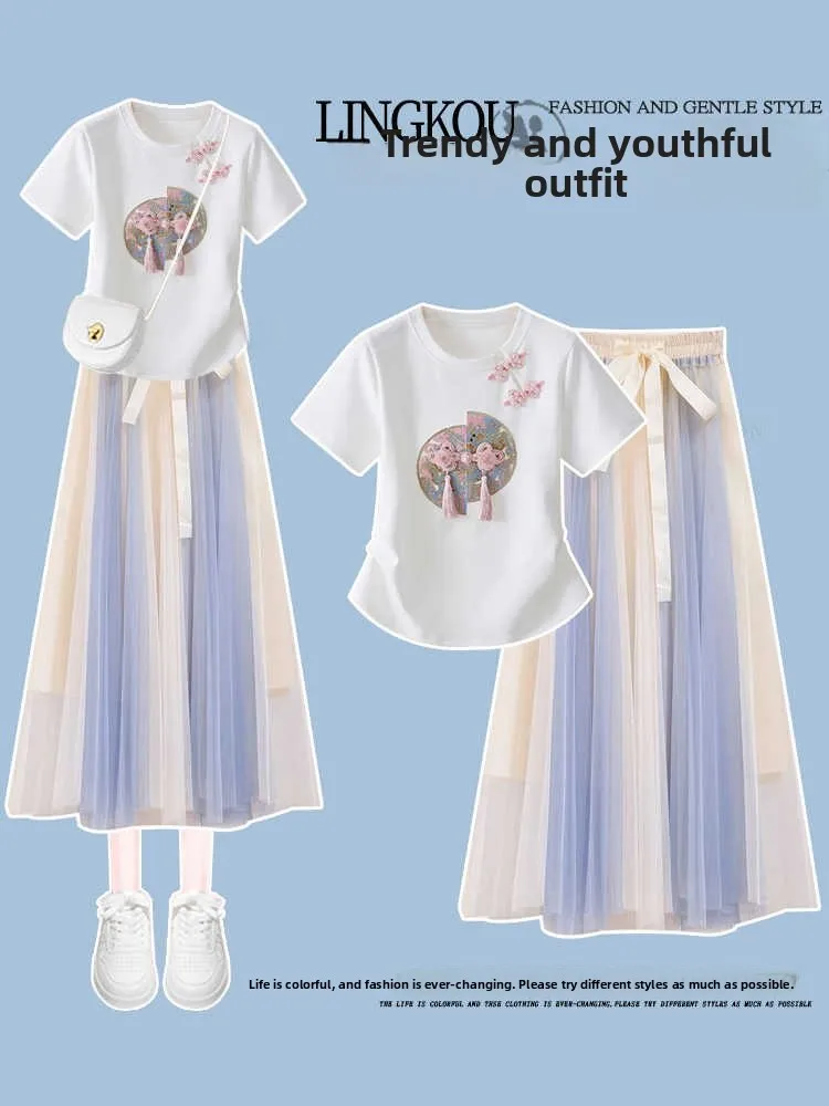 Tenue d'été blanc ort Sve t-shirt et jupe ensemble deux pièces nouveau chinois Sle femmes Faion taille haute jupe trapèze