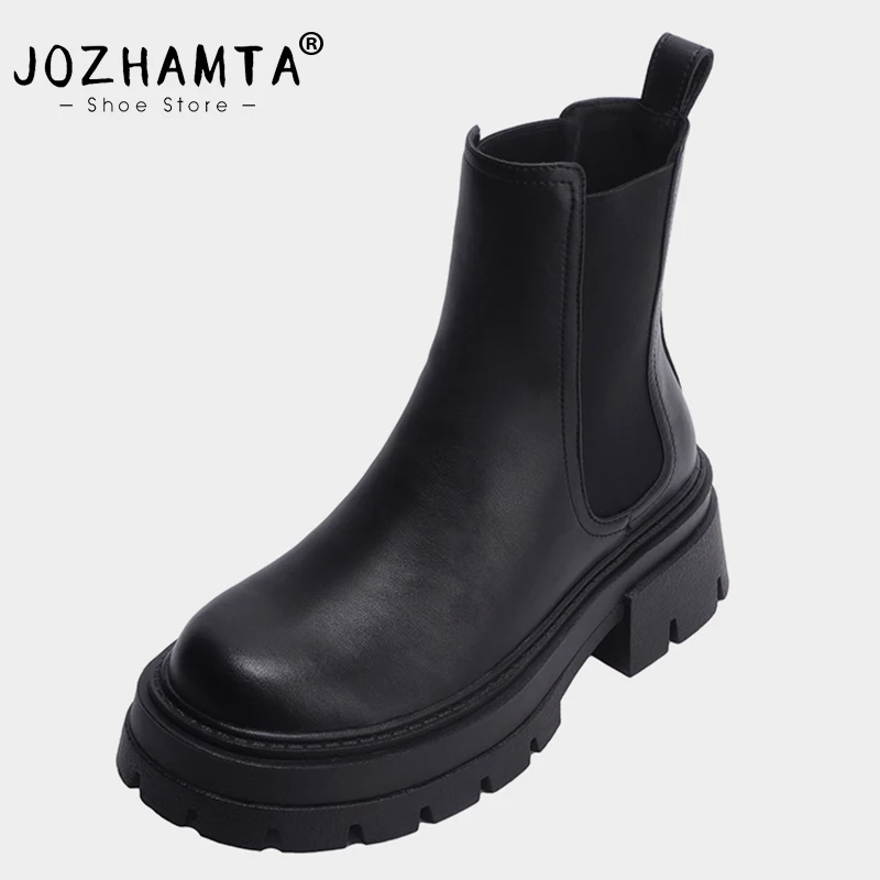 

JOZHAMTA Size 34-40 Chelsea Boots For Women Genuine Leather Elastic Band High Heel Winter Shoes Woman Platform Boot Lady Booties