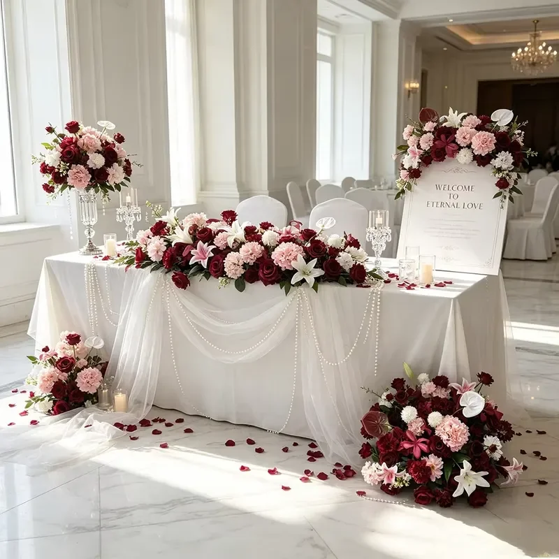 Burgundy Artificial Flower Runner Mixed Color Trailing Vine for Wedding Stage Bridal Shower Event Table Display Decoration